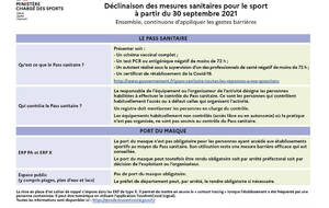 Décisions sanitaires applicables au sport à partir du 30 septembre 2021 publier par le ministère des sports